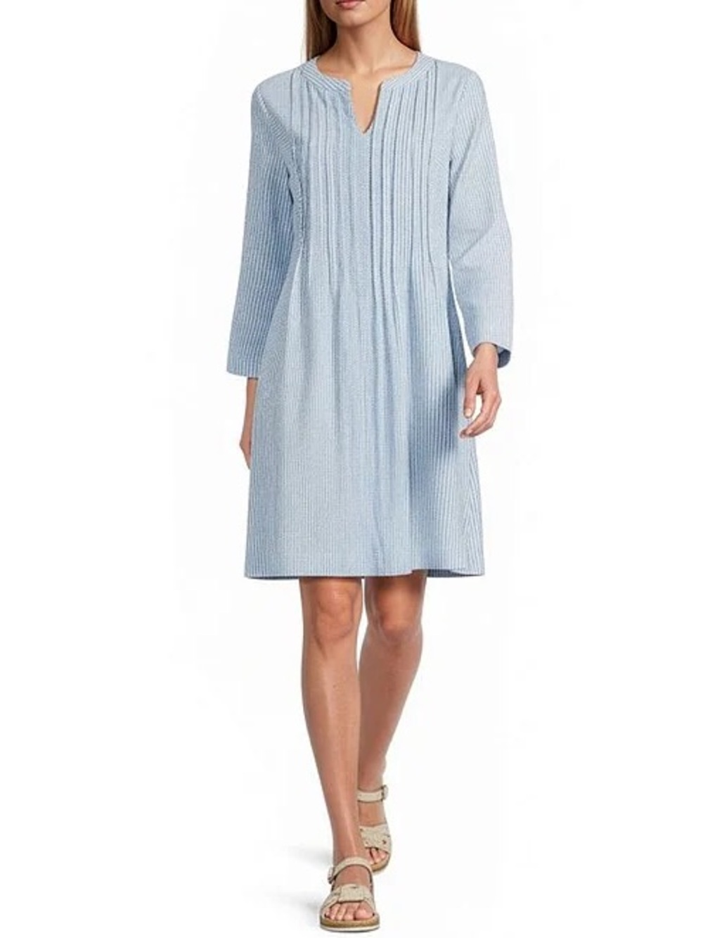 John Mark Cotton/Linen Light Blue Striped Pintuck Shift Dress Size XL